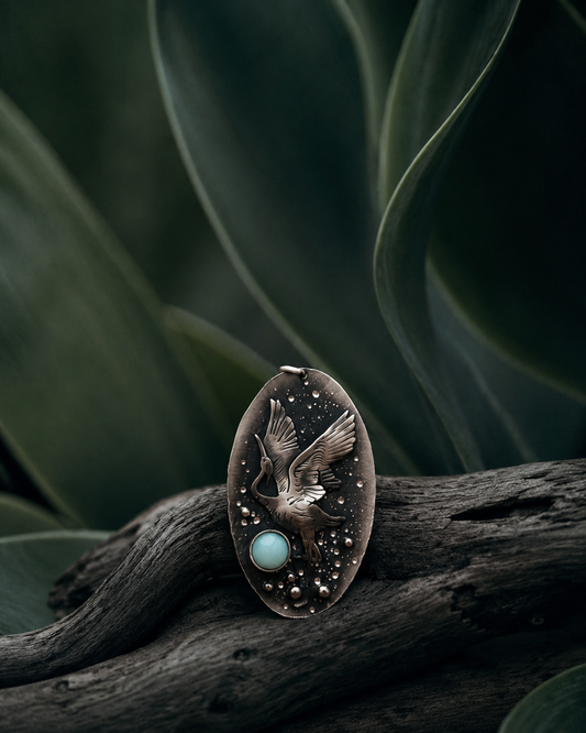 Heron Necklace with Aqua Blue Agate | Handmade Sterling Silver Bird Pendant