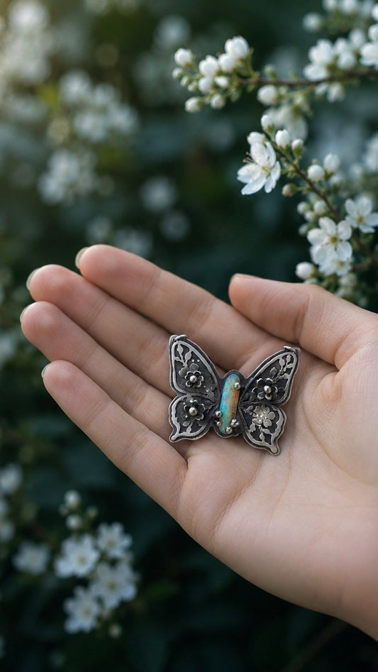 Butterfly Opal Necklace | Handcrafted Sterling Silver Butterfly Pendant | Australian Opal Jewelry | Romantic Nature Inspired Gift