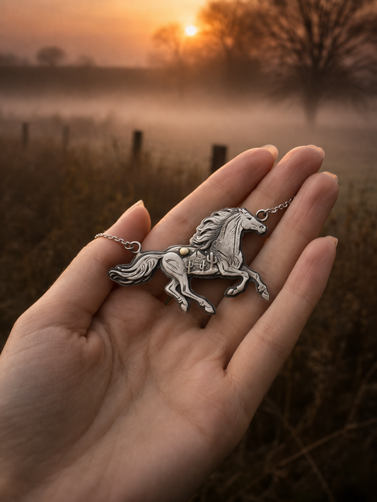 Wild Mustang in the Moonlit Landscape Necklace | Sterling Silver & Golden Brass