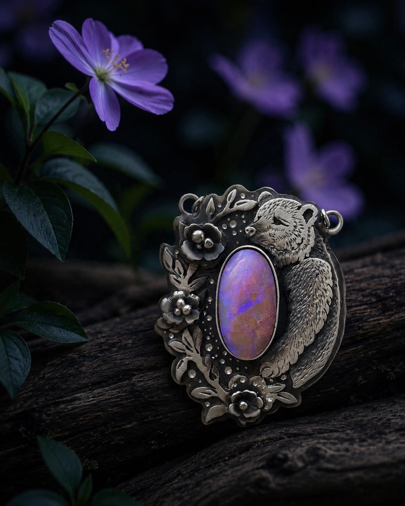 Australian Opal Bear Necklace, Handmade Sterling Silver Pendant, Woodland Animal Jewelry
