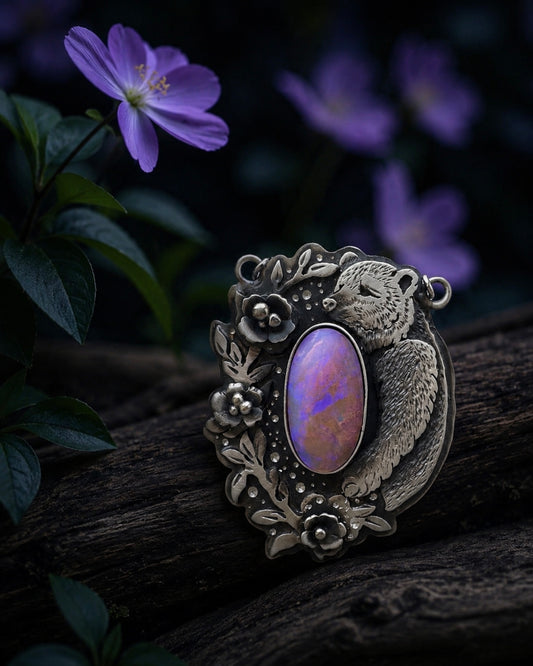 Australian Opal Bear Necklace, Handmade Sterling Silver Pendant, Woodland Animal Jewelry