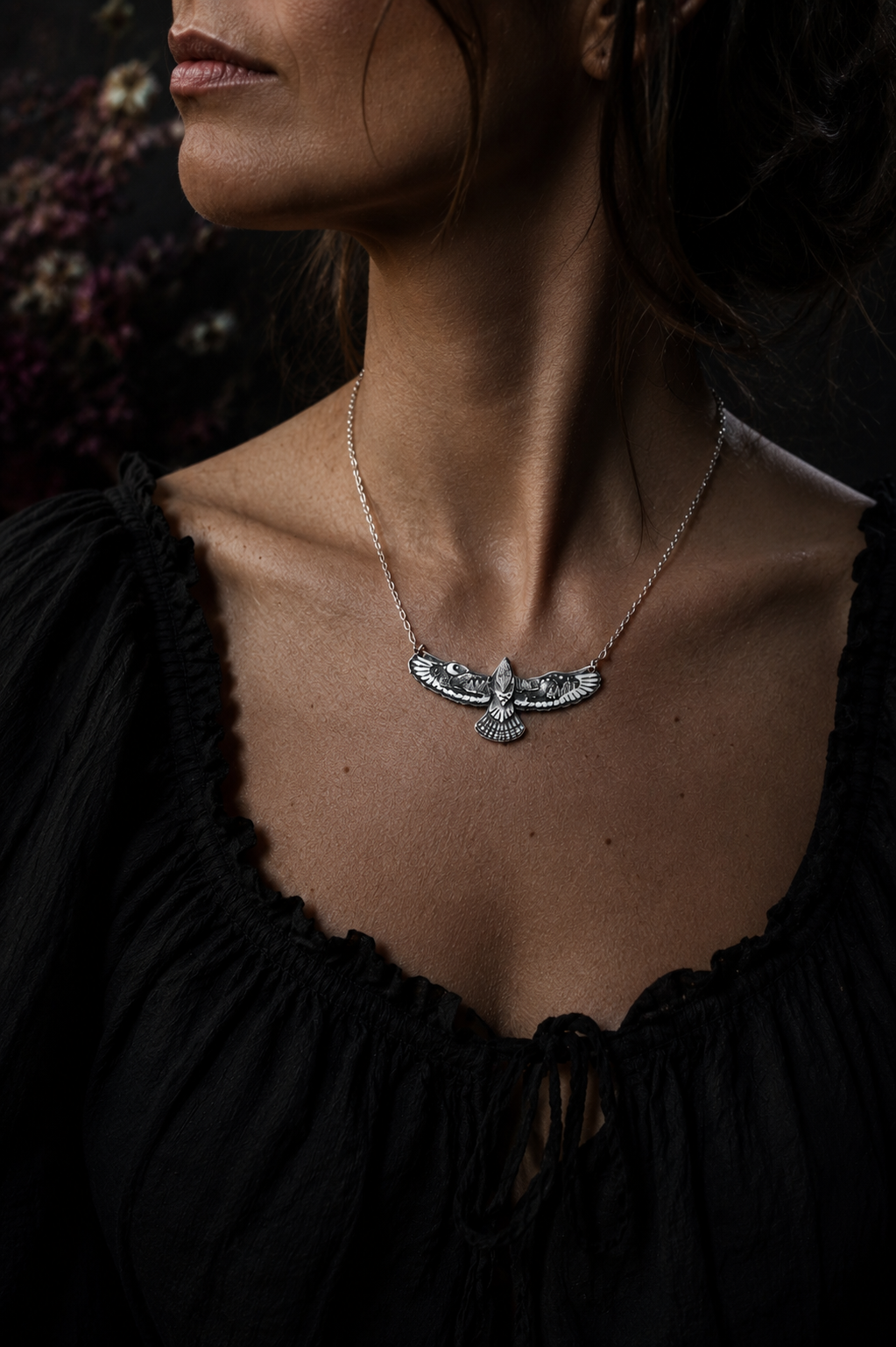 Hawk Landscape Necklace – Sterling Silver Hawk Talisman, Mountain & Moon Necklace