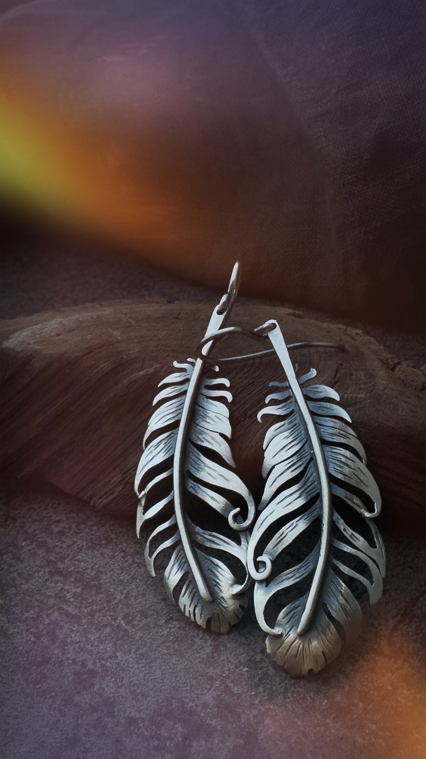 Handmade Silver Feather Earrings Spiritual Boho Jewelry with Matte Patinat