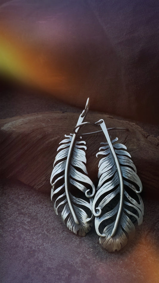 Handmade Silver Feather Earrings Spiritual Boho Jewelry with Matte Patinat