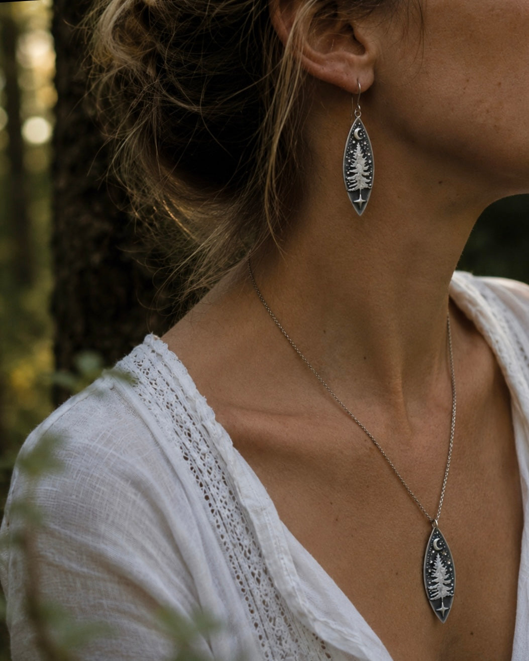 Forest Keeper Earrings – Handmade Sterling Silver Pine Tree & Moon Earrings