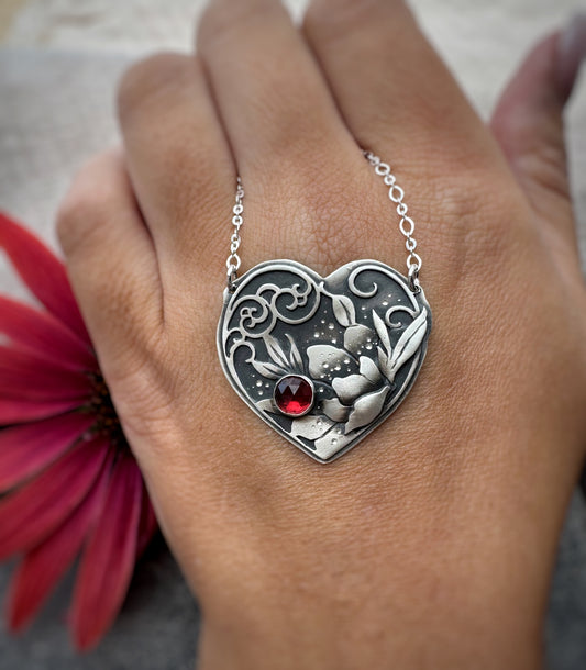 The August Heart Necklace - Red Garnet