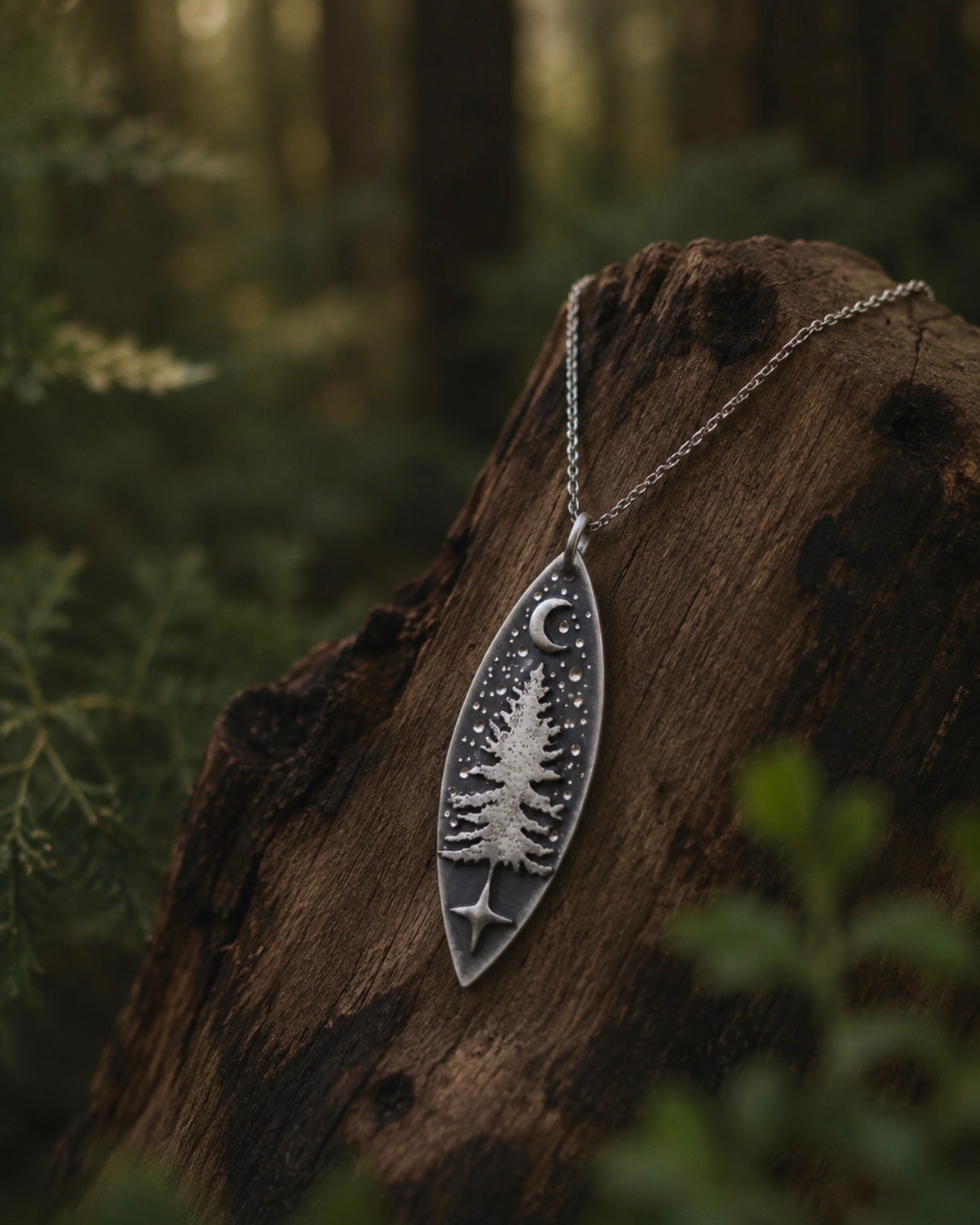 Forest Keeper Necklace, Handmade Sterling Silver Pine Tree Pendant, Moon Necklace, Woodland Jewelry, Nature Lover Gift