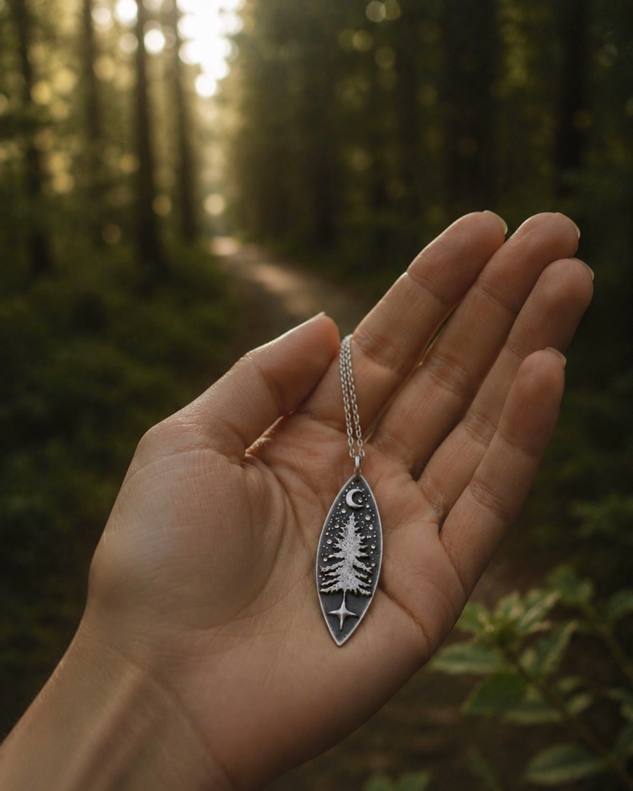 Forest Keeper Necklace, Handmade Sterling Silver Pine Tree Pendant, Moon Necklace, Woodland Jewelry, Nature Lover Gift