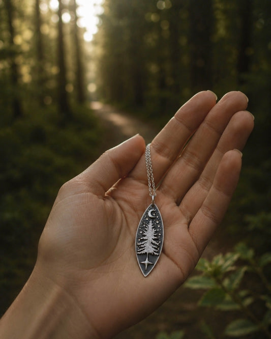 Forest Keeper Necklace, Handmade Sterling Silver Pine Tree Pendant, Moon Necklace, Woodland Jewelry, Nature Lover Gift