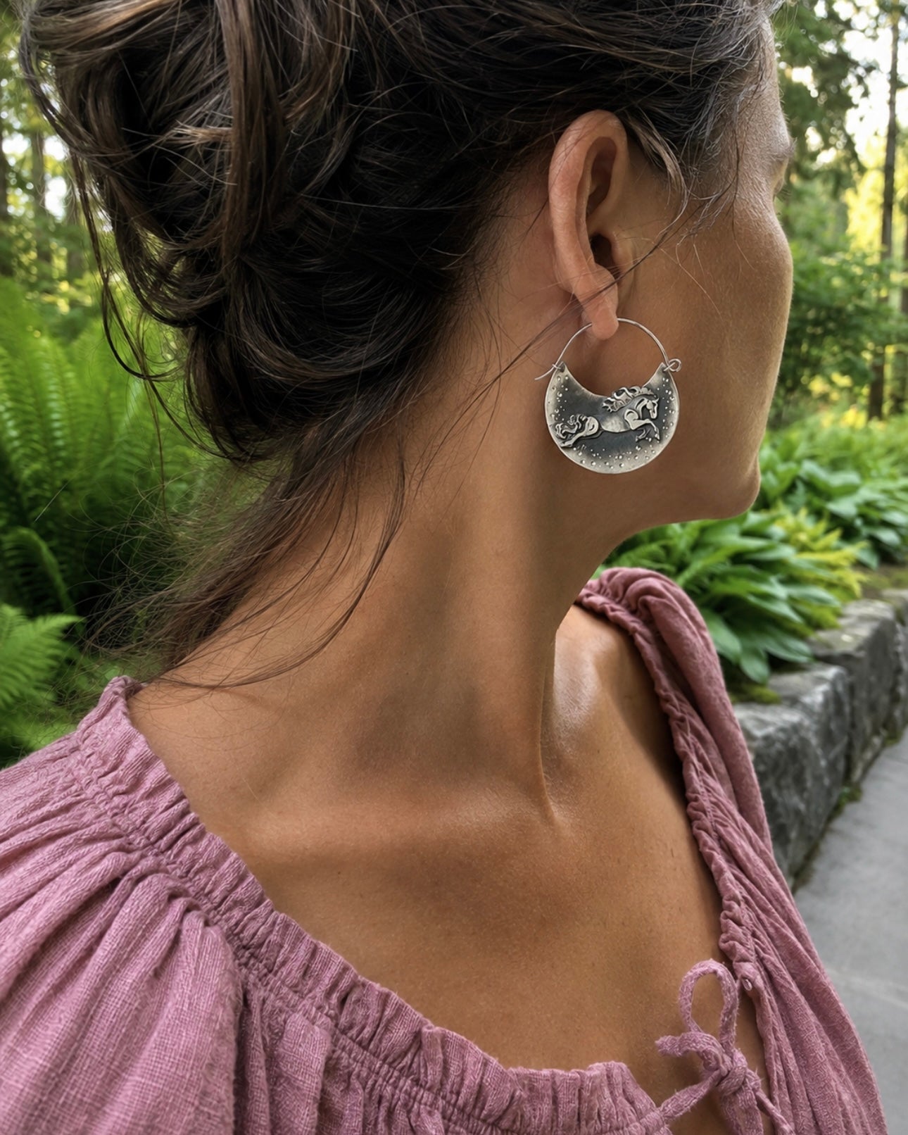 Basket Horse Earrings | Handmade Sterling Silver Horse Hoop Earrings