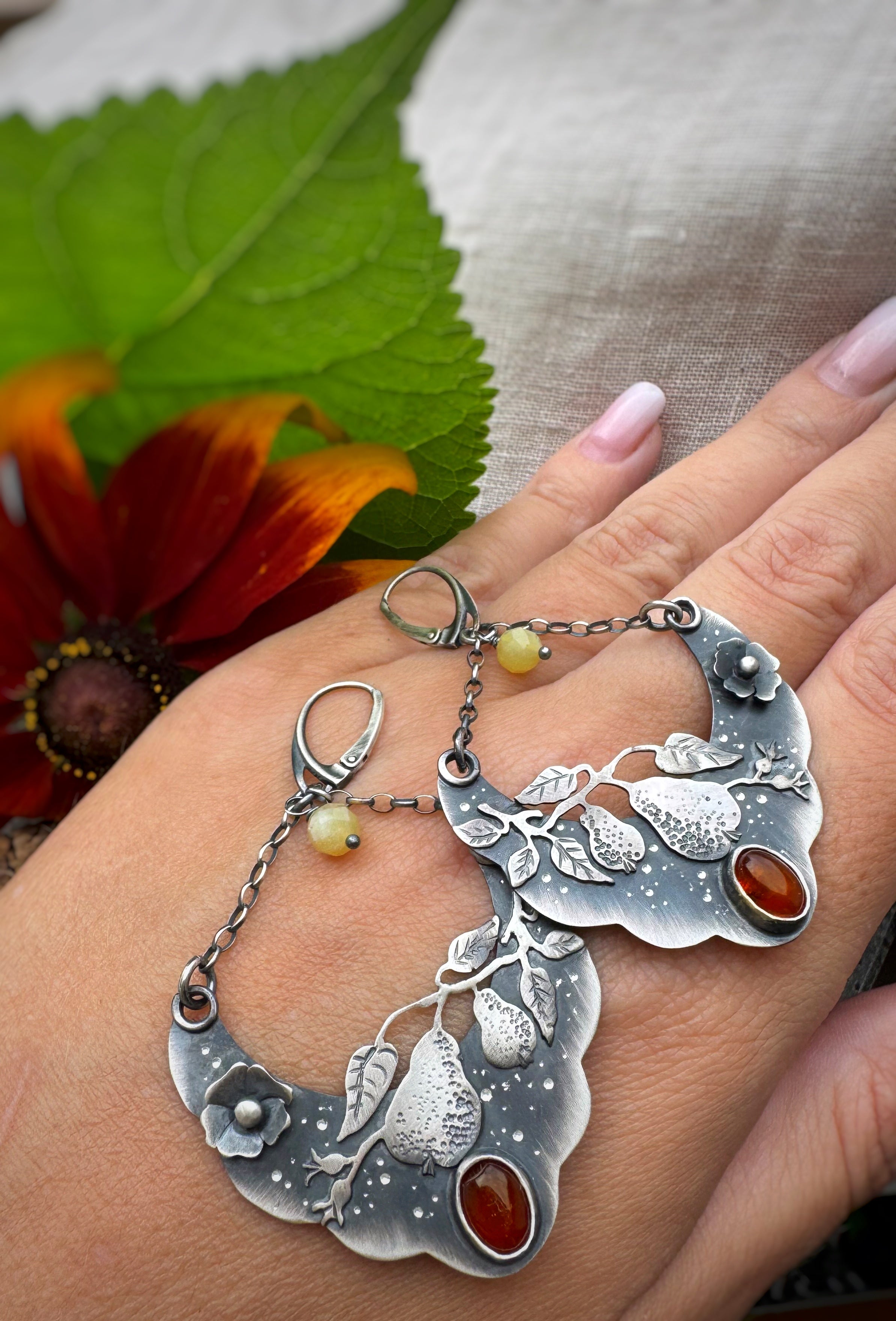 The Harvest Arc Earrings - Baltic Amber & Yellow Opal
