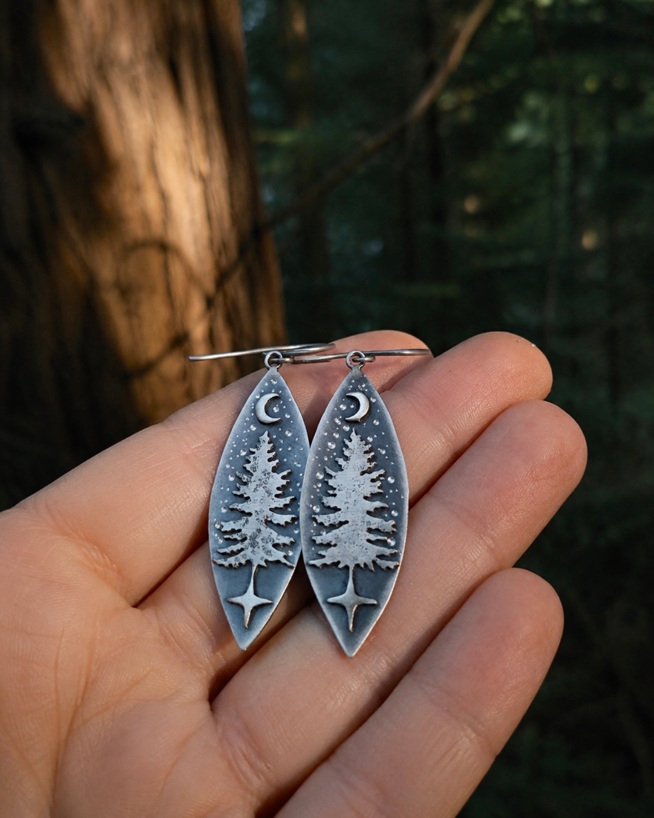 Forest Keeper Earrings – Handmade Sterling Silver Pine Tree & Moon Earrings