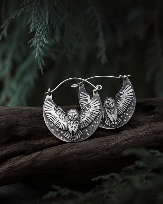 Basket Owl Earrings | Sterling Silver Hoop Earrings