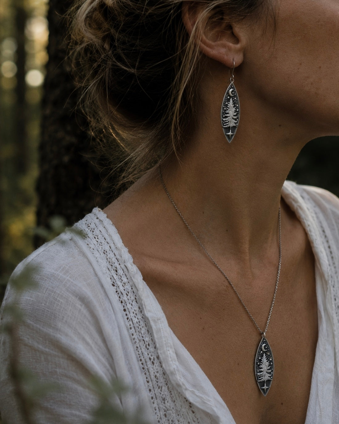 Forest Keeper Necklace, Handmade Sterling Silver Pine Tree Pendant, Moon Necklace, Woodland Jewelry, Nature Lover Gift