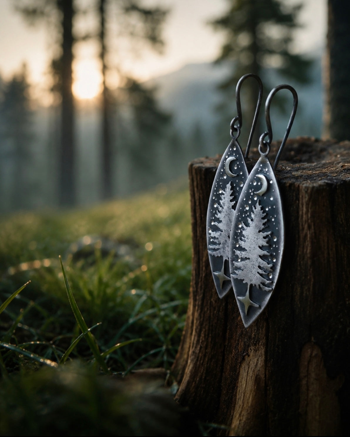 Forest Keeper Earrings – Handmade Sterling Silver Pine Tree & Moon Earrings