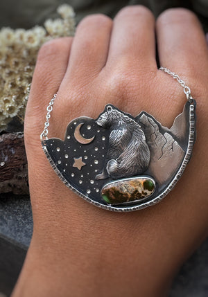 The Bear & Moon Necklace - Green Royston Turquoise