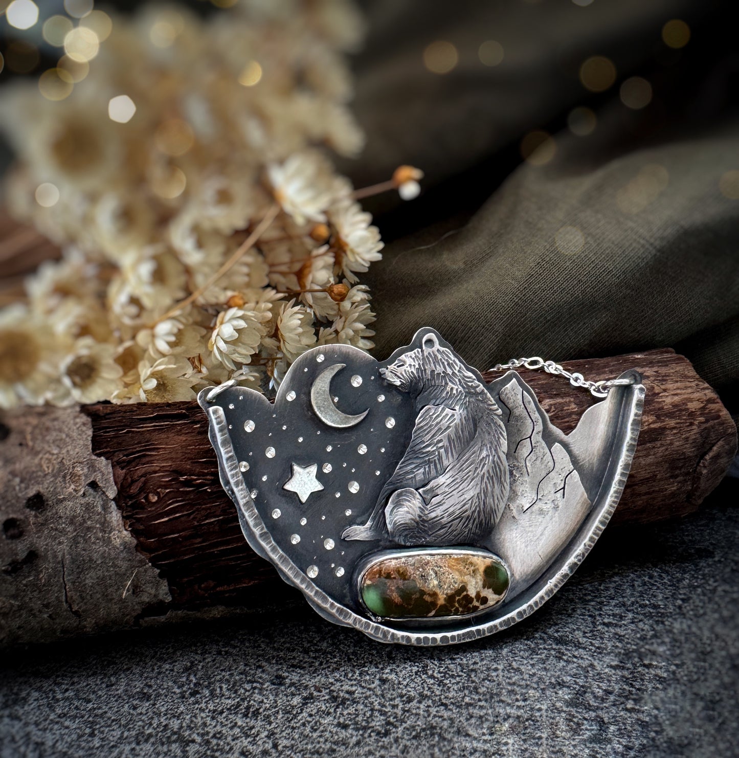 The Bear & Moon Necklace - Green Royston Turquoise