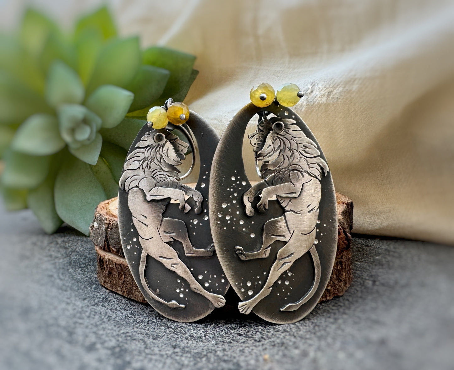 The King- Lion Earrings & Yellow Opal