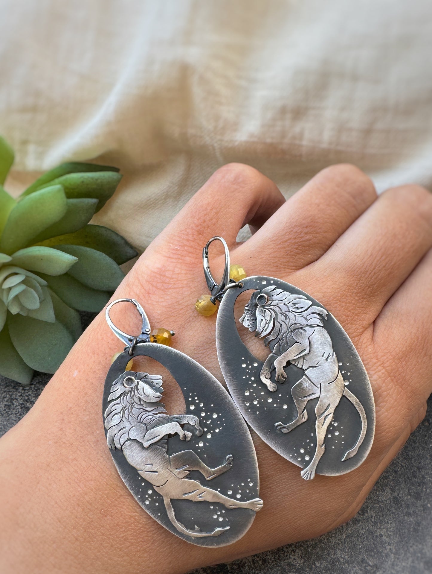 The King- Lion Earrings & Yellow Opal
