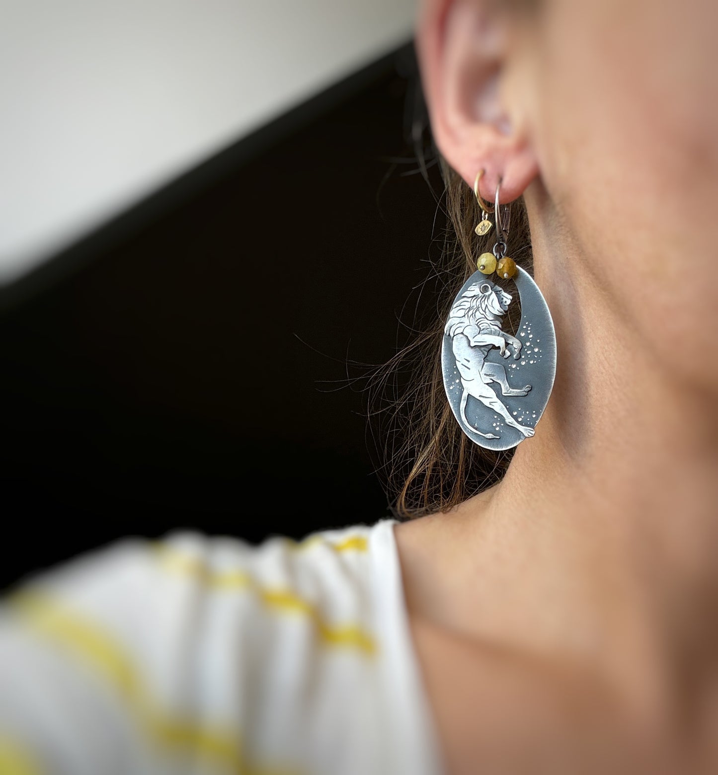 The King- Lion Earrings & Yellow Opal