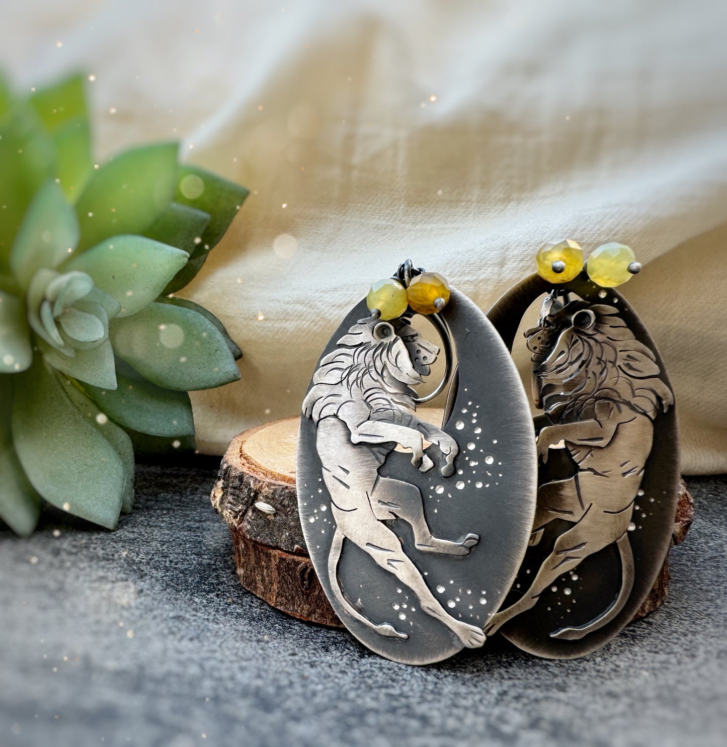 The King- Lion Earrings & Yellow Opal