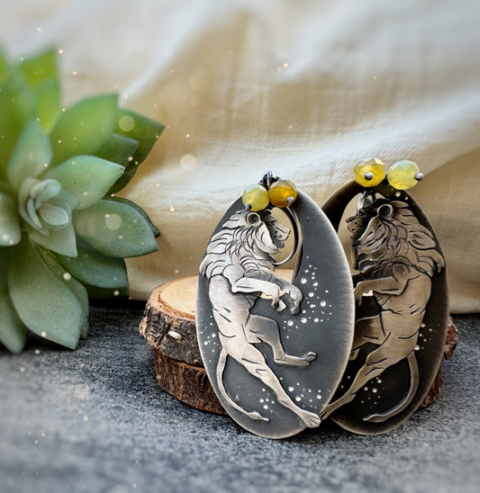 The King- Lion Earrings & Yellow Opal