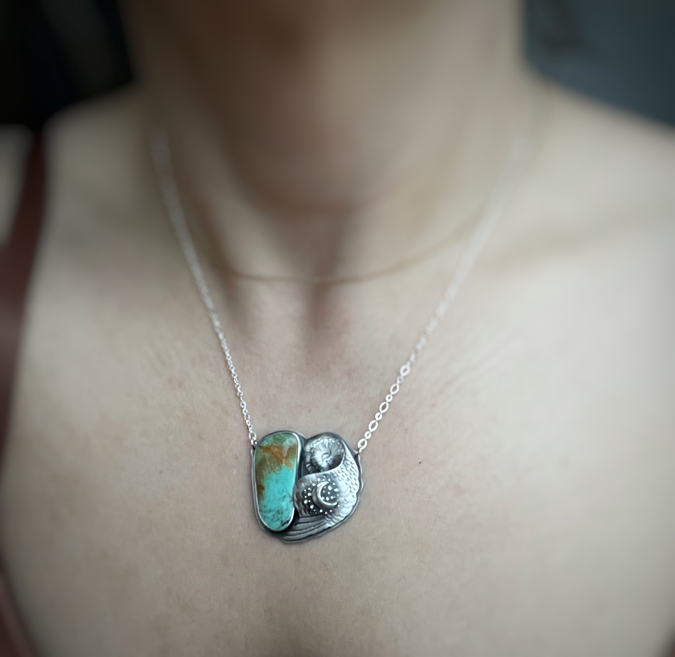 The Sleeping Barn Owl Necklace - King’s Manassa Turquoise