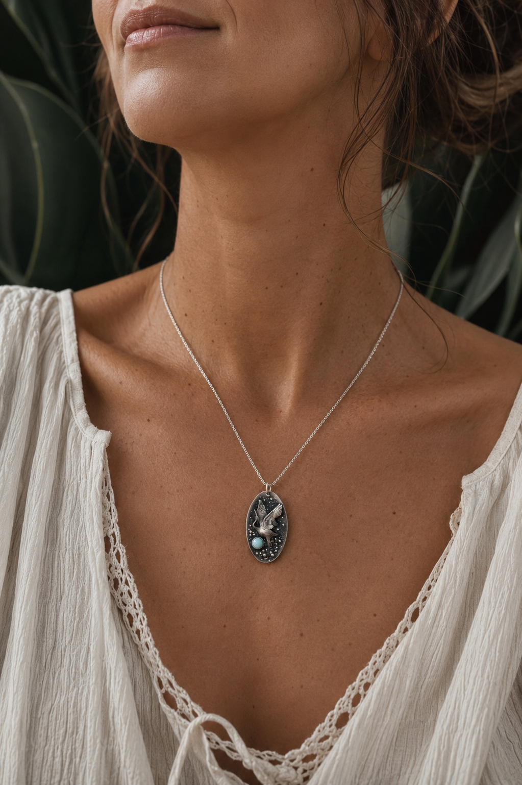 Heron Necklace with Aqua Blue Agate | Handmade Sterling Silver Bird Pendant