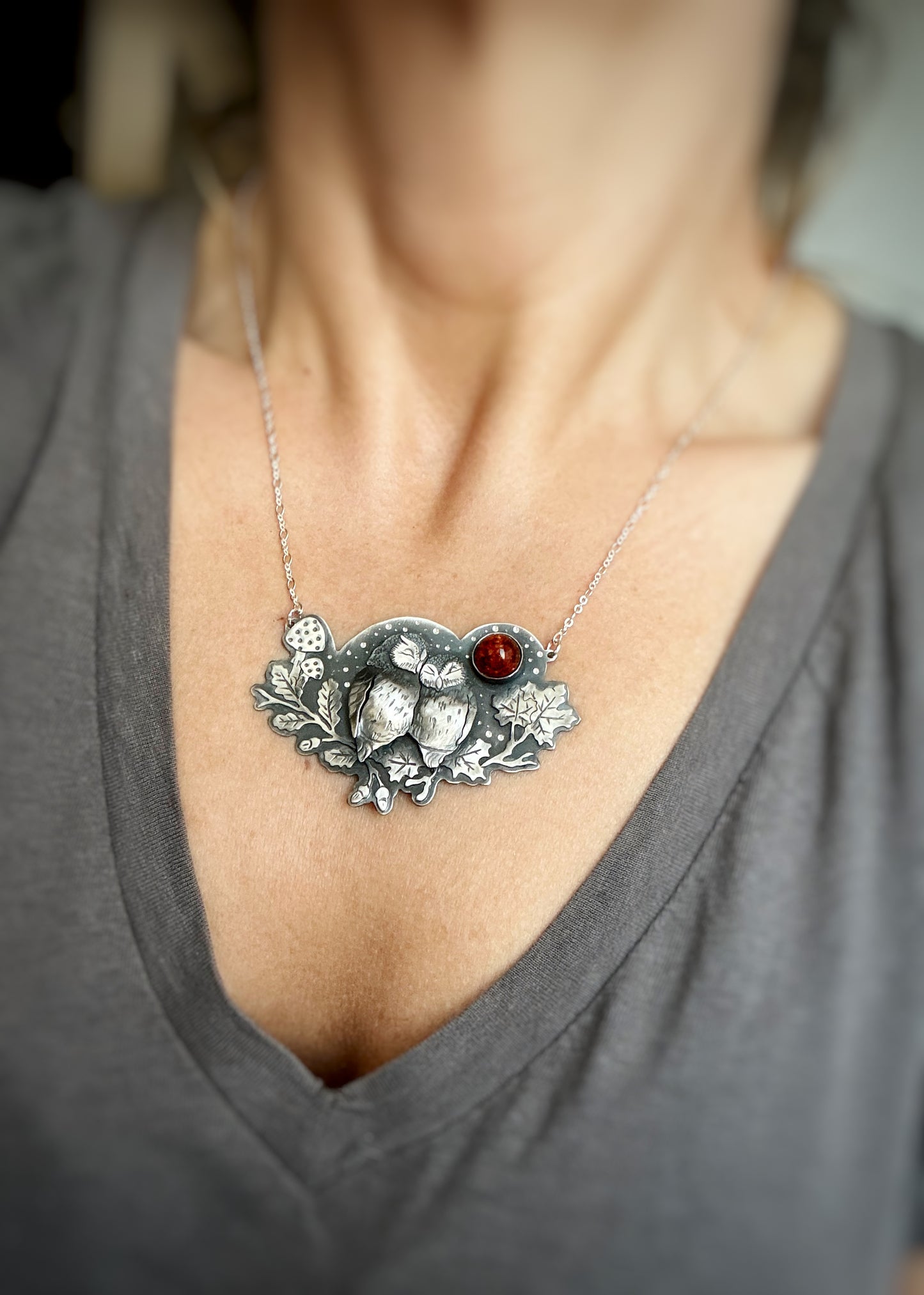 The Autumn Cuddling Owls Necklace - Amber Moon