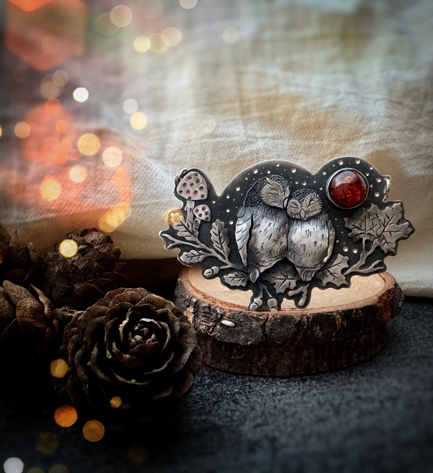 The Autumn Cuddling Owls Necklace - Amber Moon