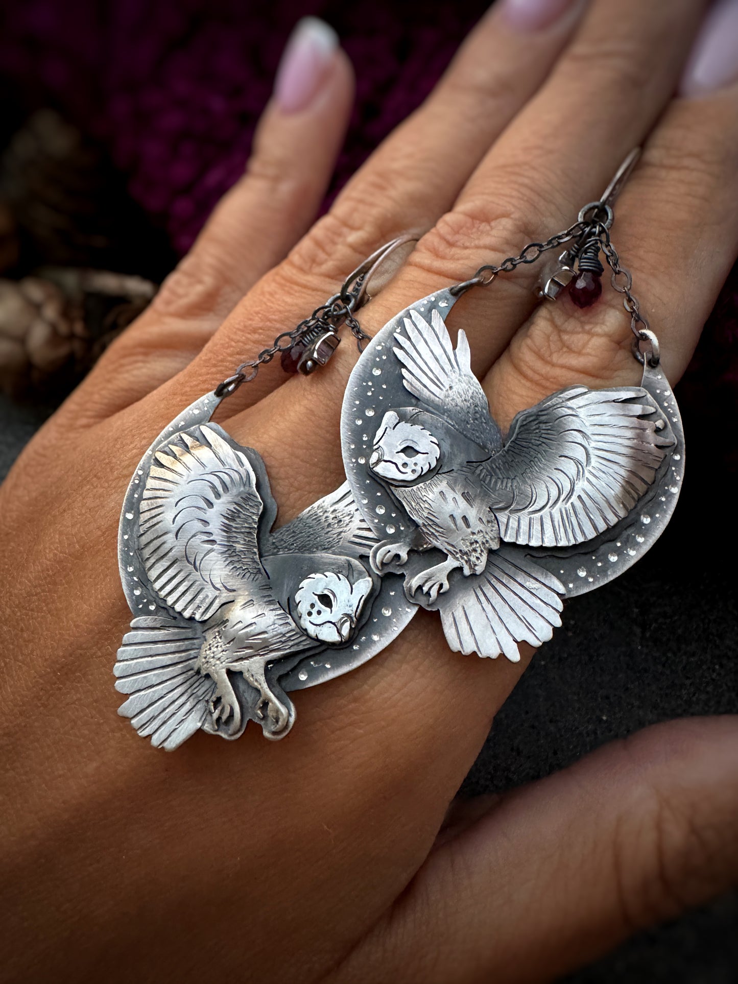 The Dancing Owls Swing Earrings - Rhodolite Garnet