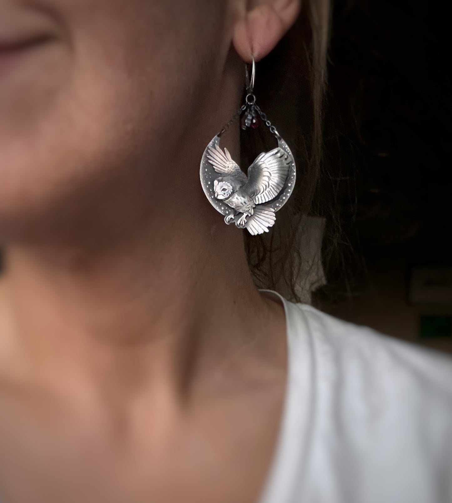 The Dancing Owls Swing Earrings - Rhodolite Garnet