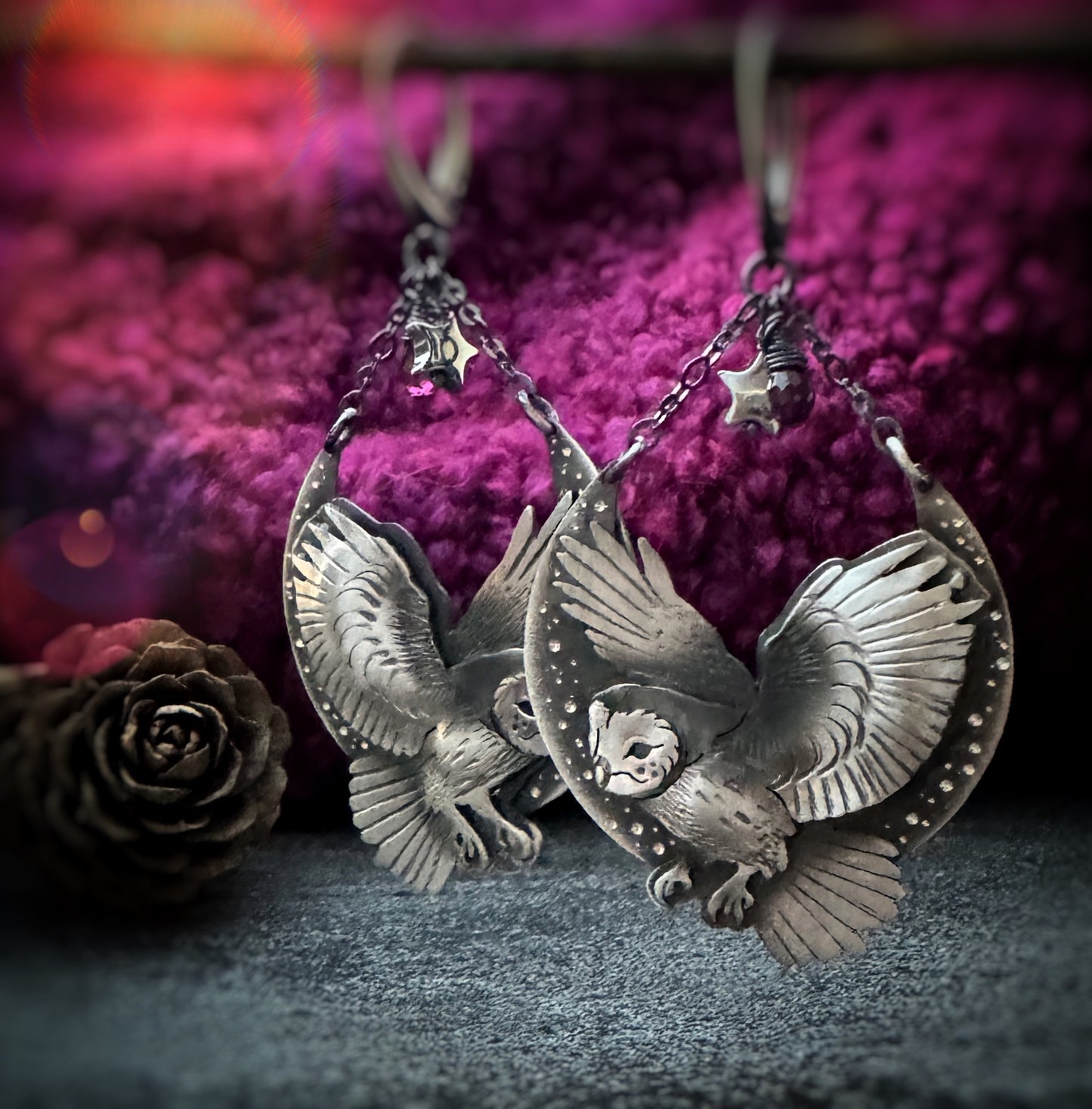 The Dancing Owls Swing Earrings - Rhodolite Garnet