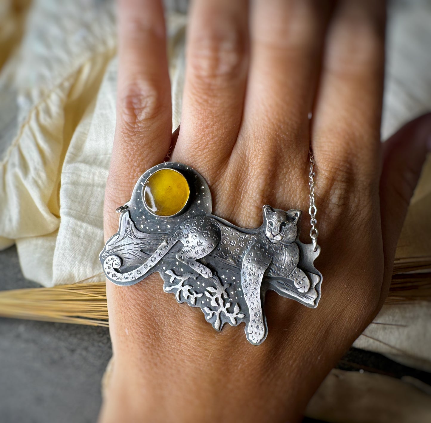 The Cheetah & Full Moon Necklace- Amber
