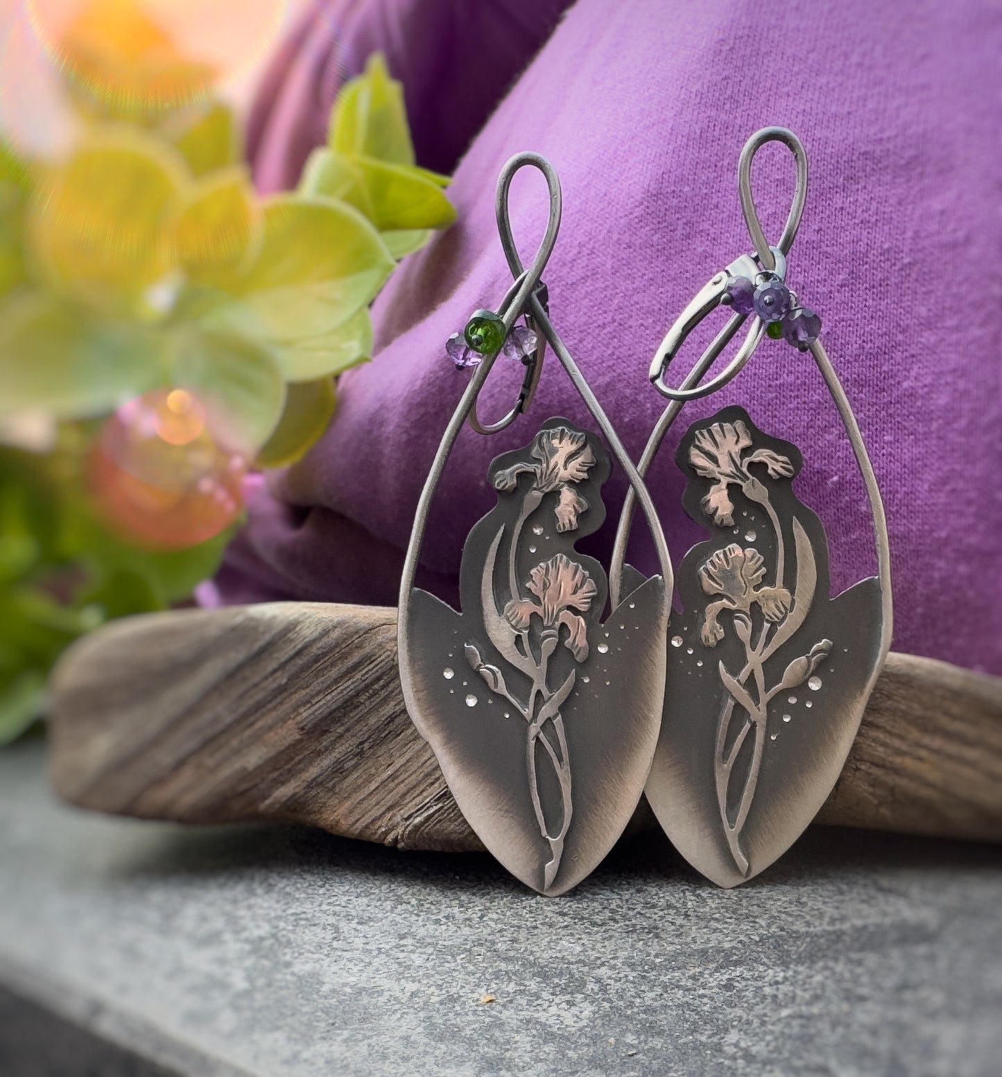 The Iris Slender Earrings- Amethyst & Chrome Diopside