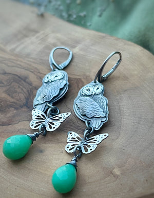 The Spring Owls Earrings - Chrysoprase