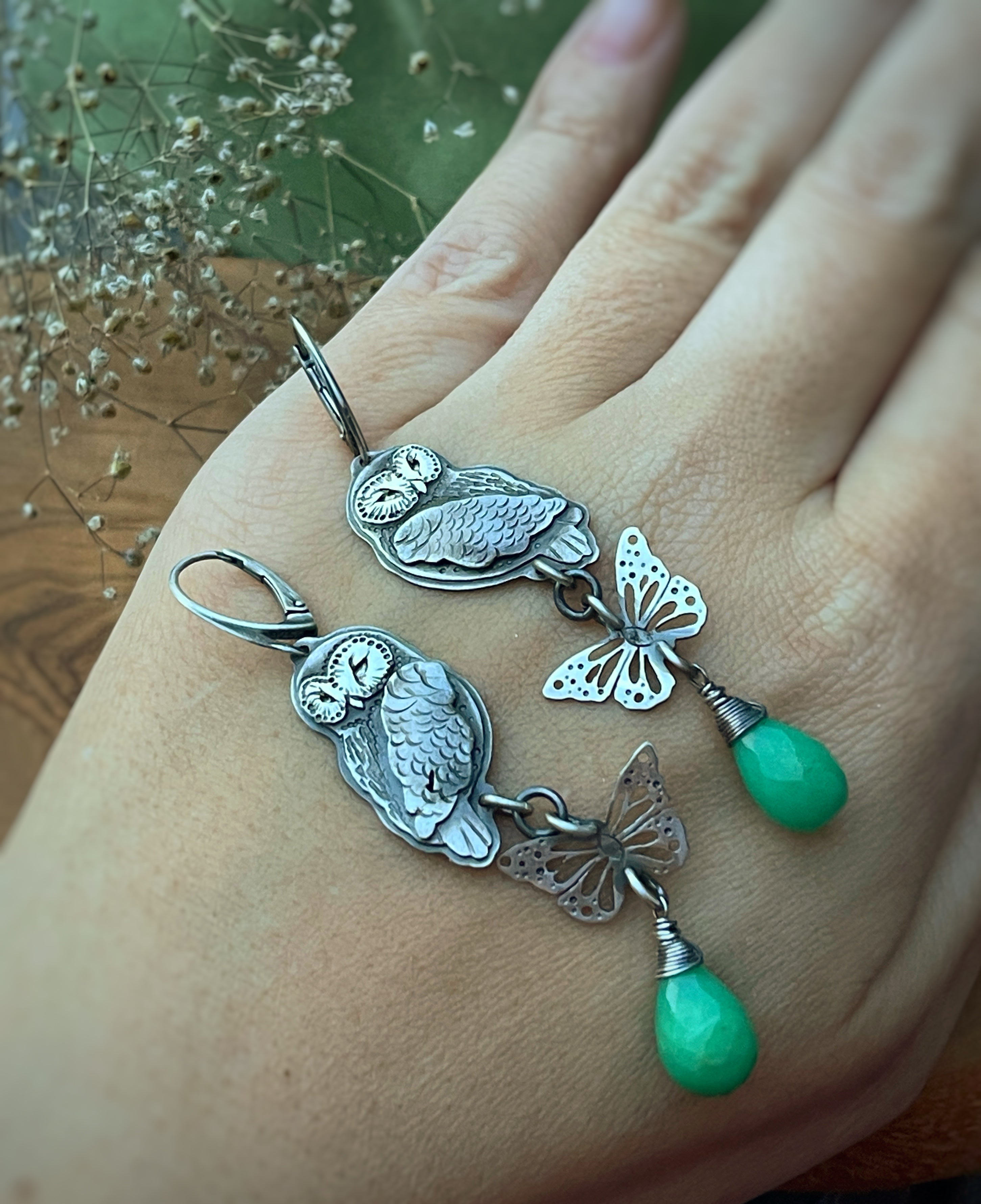 The Spring Owls Earrings - Chrysoprase
