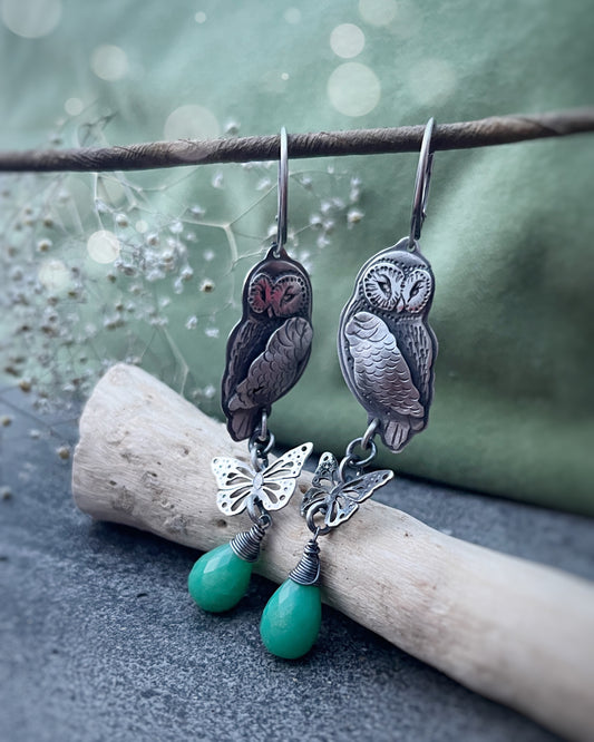 The Spring Owls Earrings - Chrysoprase