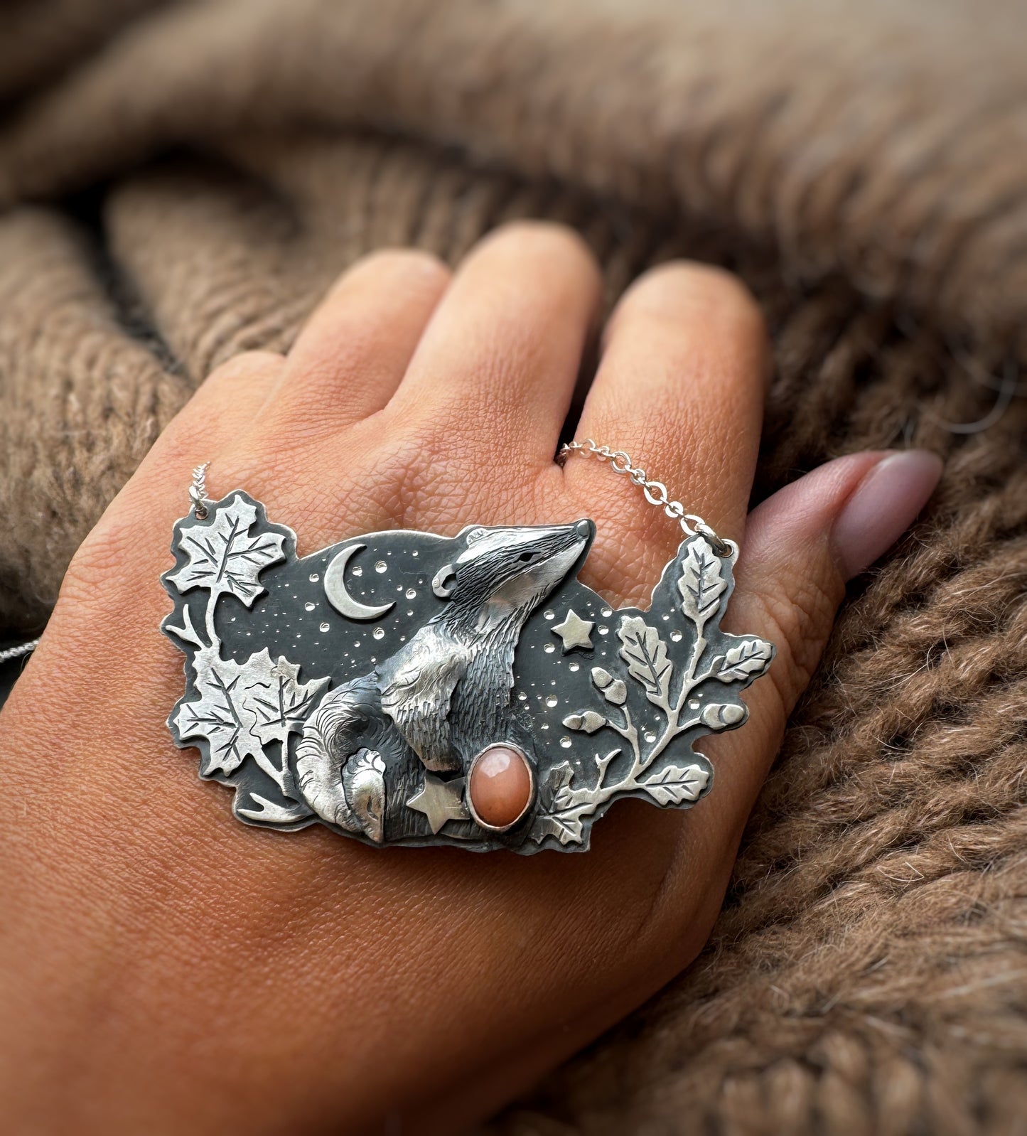 The Autumn Badger Necklace- Peach Moonstone