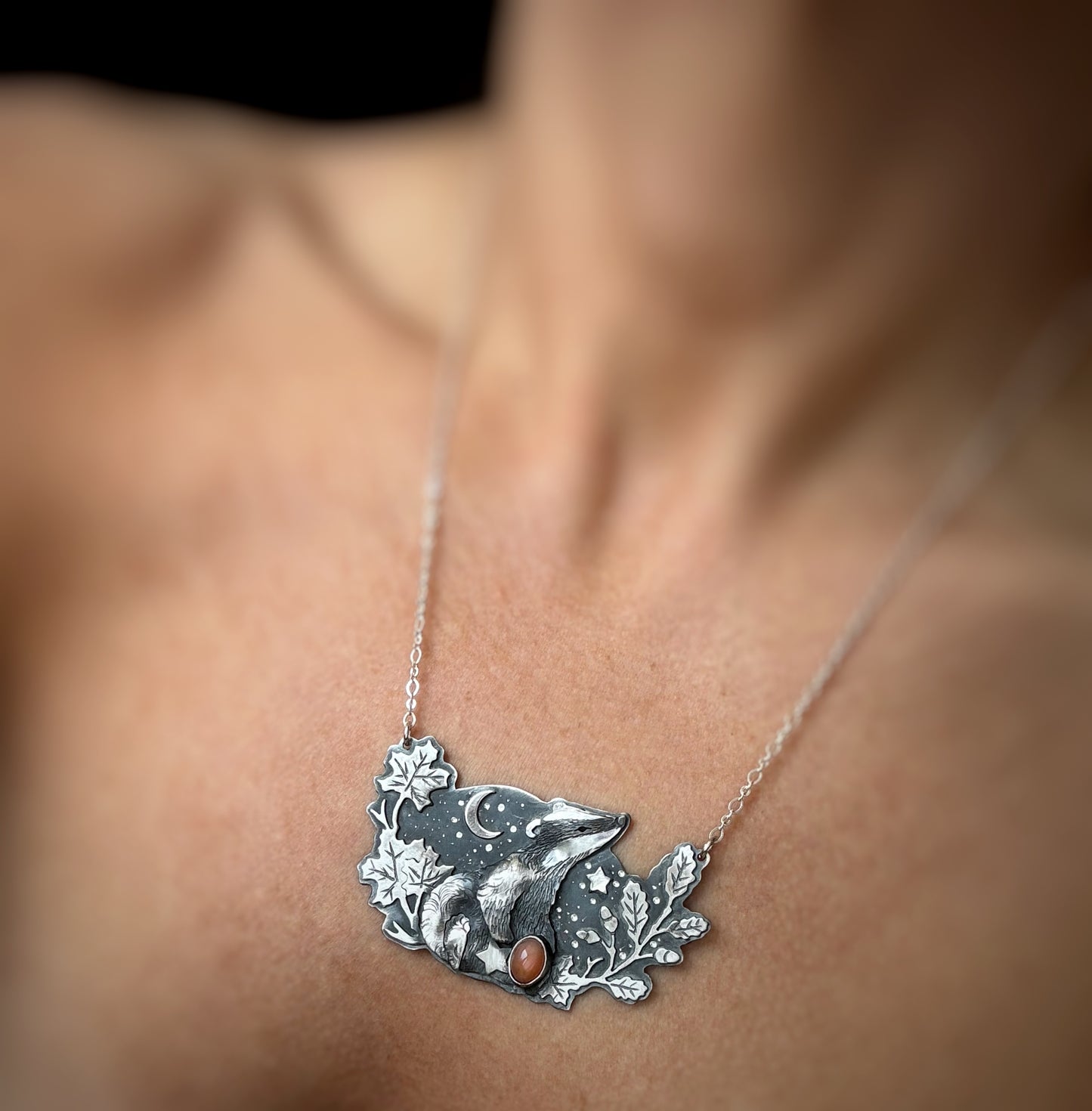 The Autumn Badger Necklace- Peach Moonstone