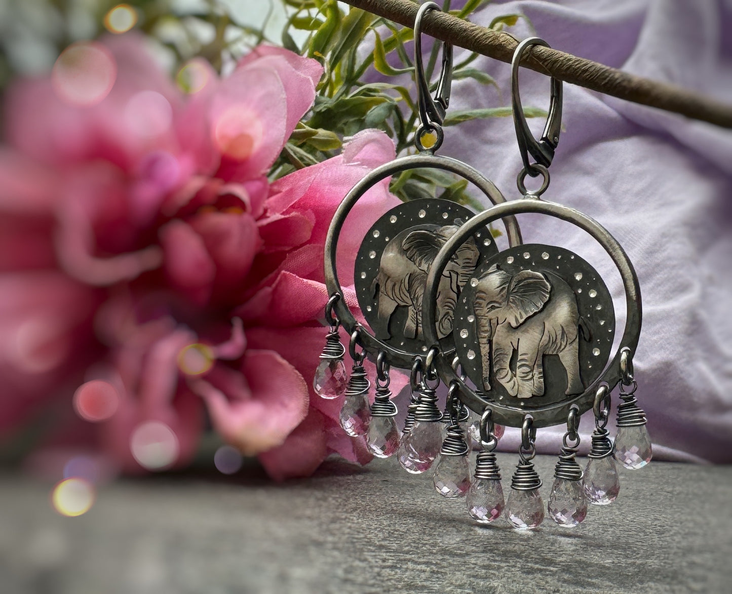 The Elephant Chandelier Earrings - Pink Amethyst