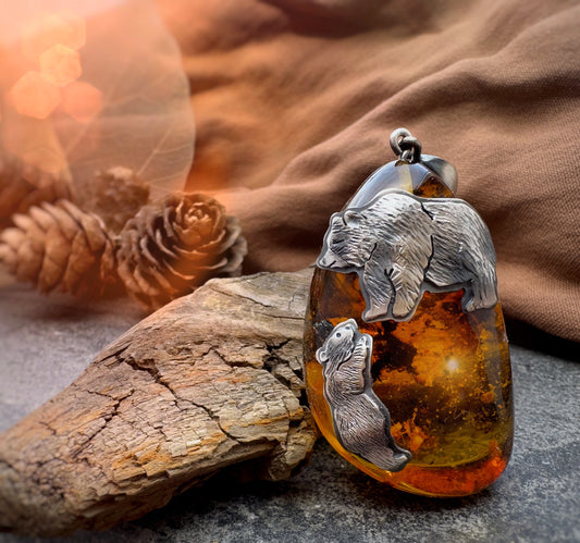 The Mama & Climbing Baby Bear Necklace- Baltic Amber