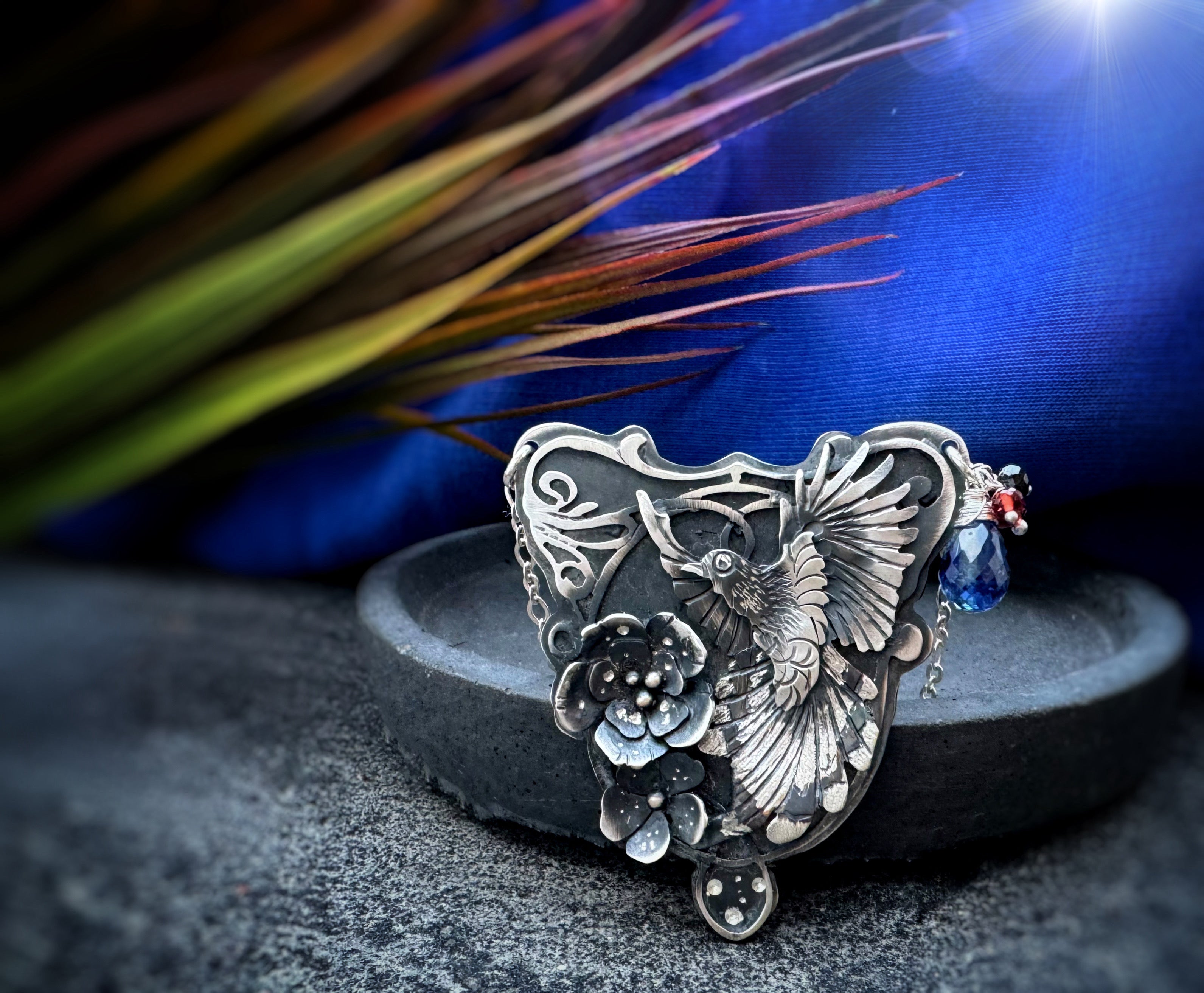 The Taiwan Blue Magpie Necklace- Kyanite, Black Spinel & Red Garnet