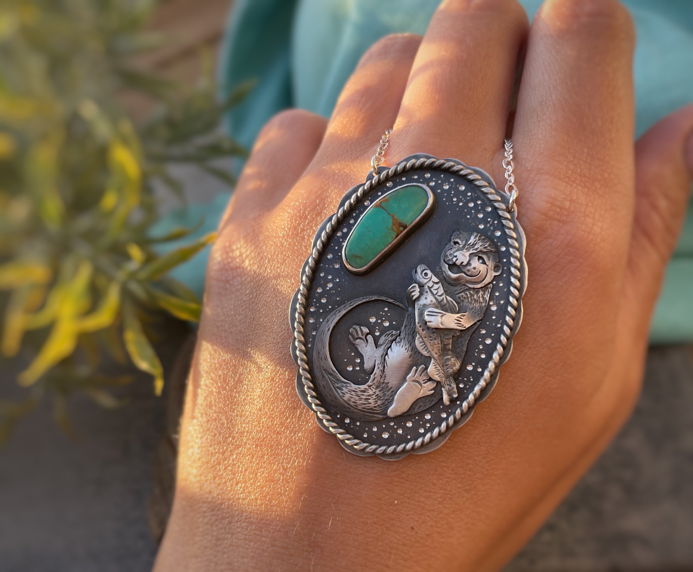 The Happy Otter & The Fish- Turquoise Necklace