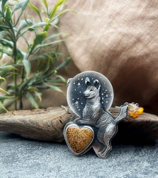 The African Wild Dog Necklace- Coral Heart & Amber