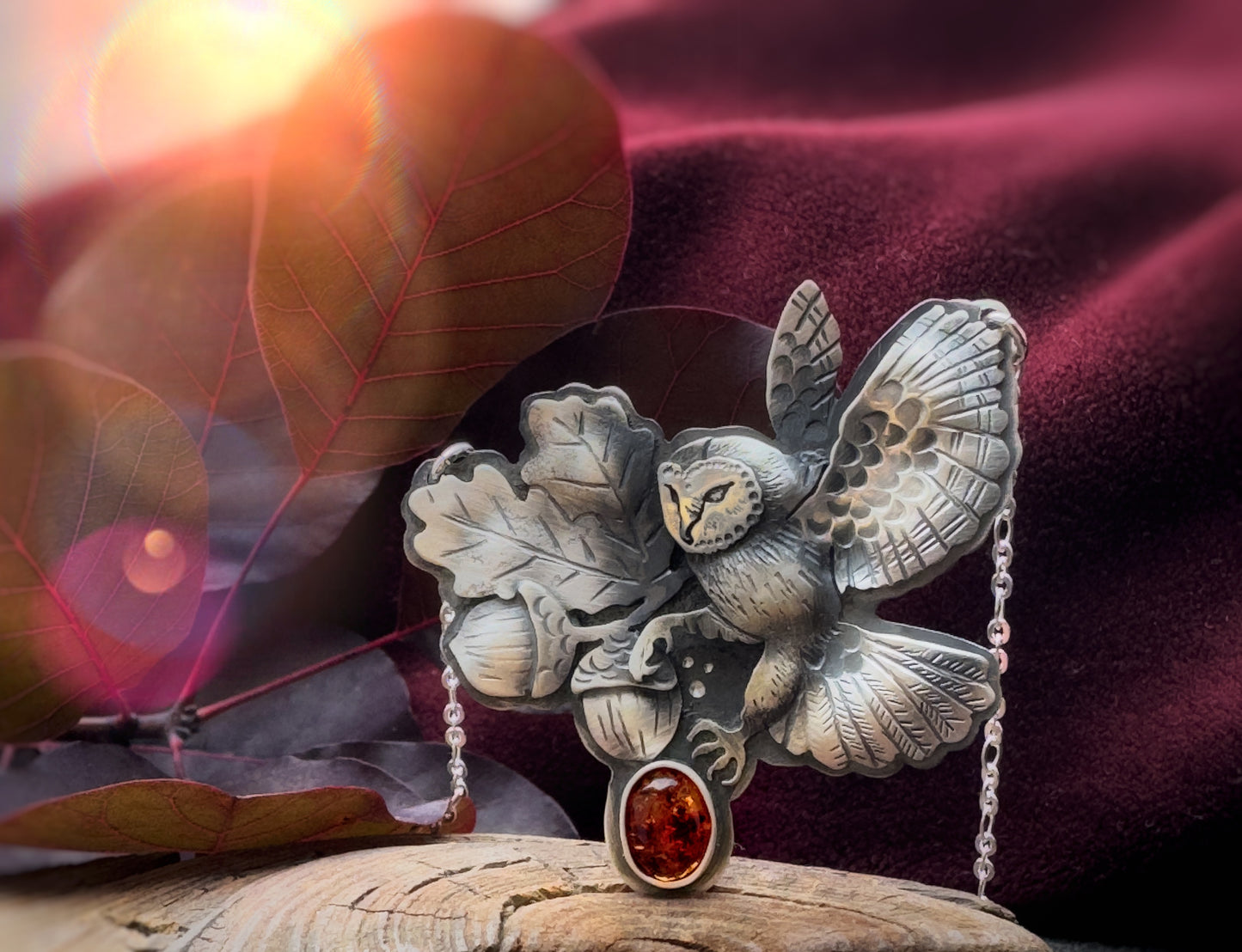 The Barn Owl & Acorn Necklace - Baltic Amber