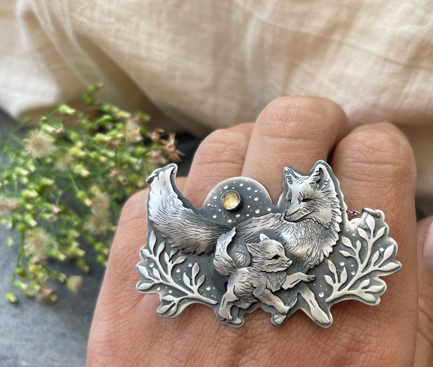 The Mama & Baby Fox Necklace- Citrine