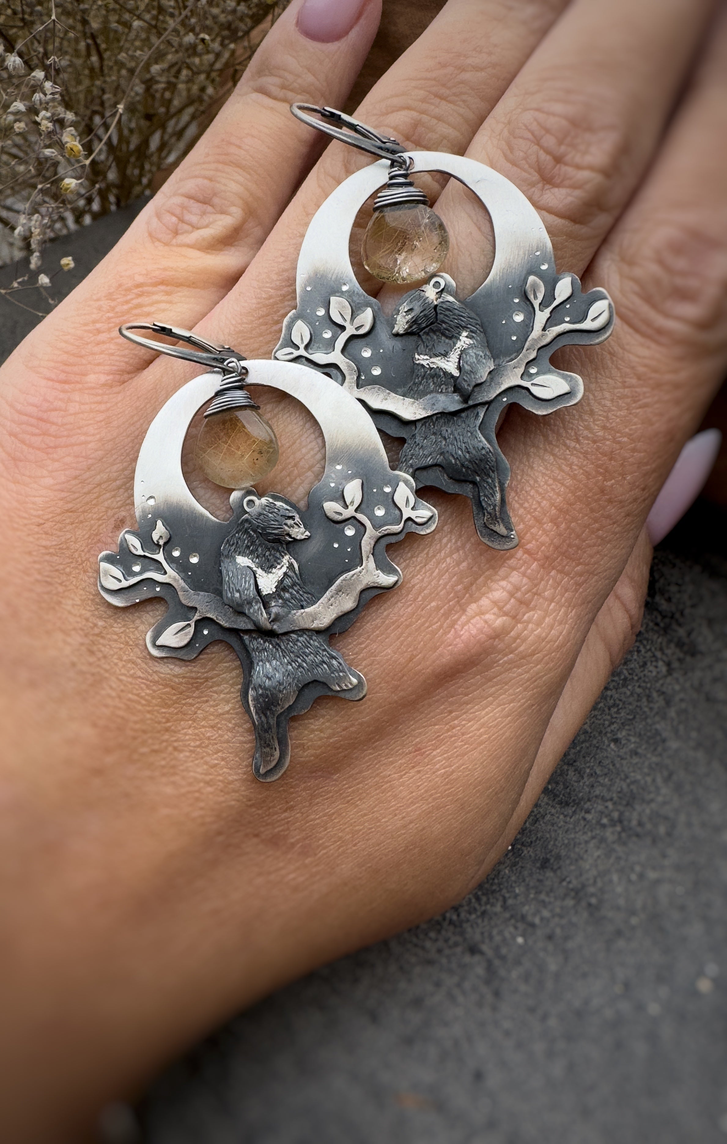 The Formosan Black Bear & Golden Rutile Quartz Earrings