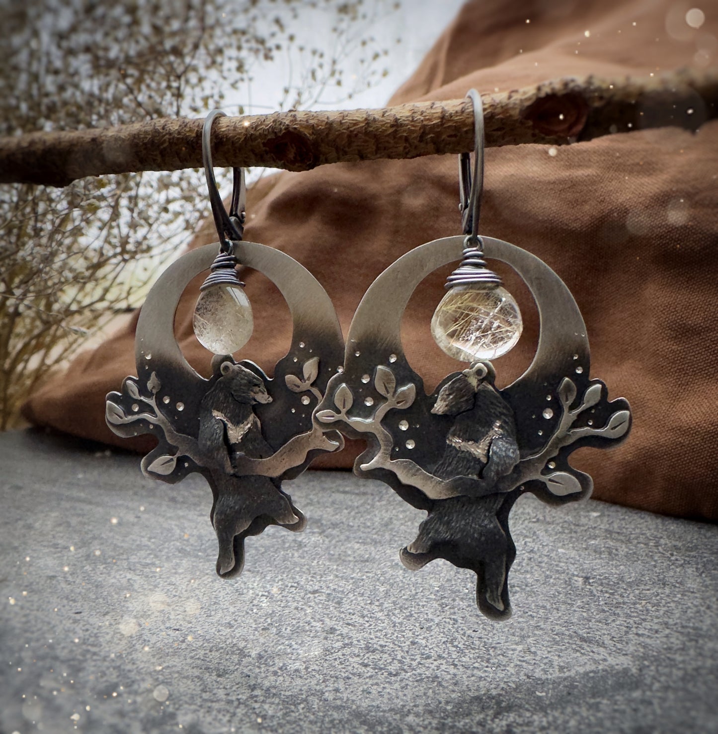 The Formosan Black Bear & Golden Rutile Quartz Earrings