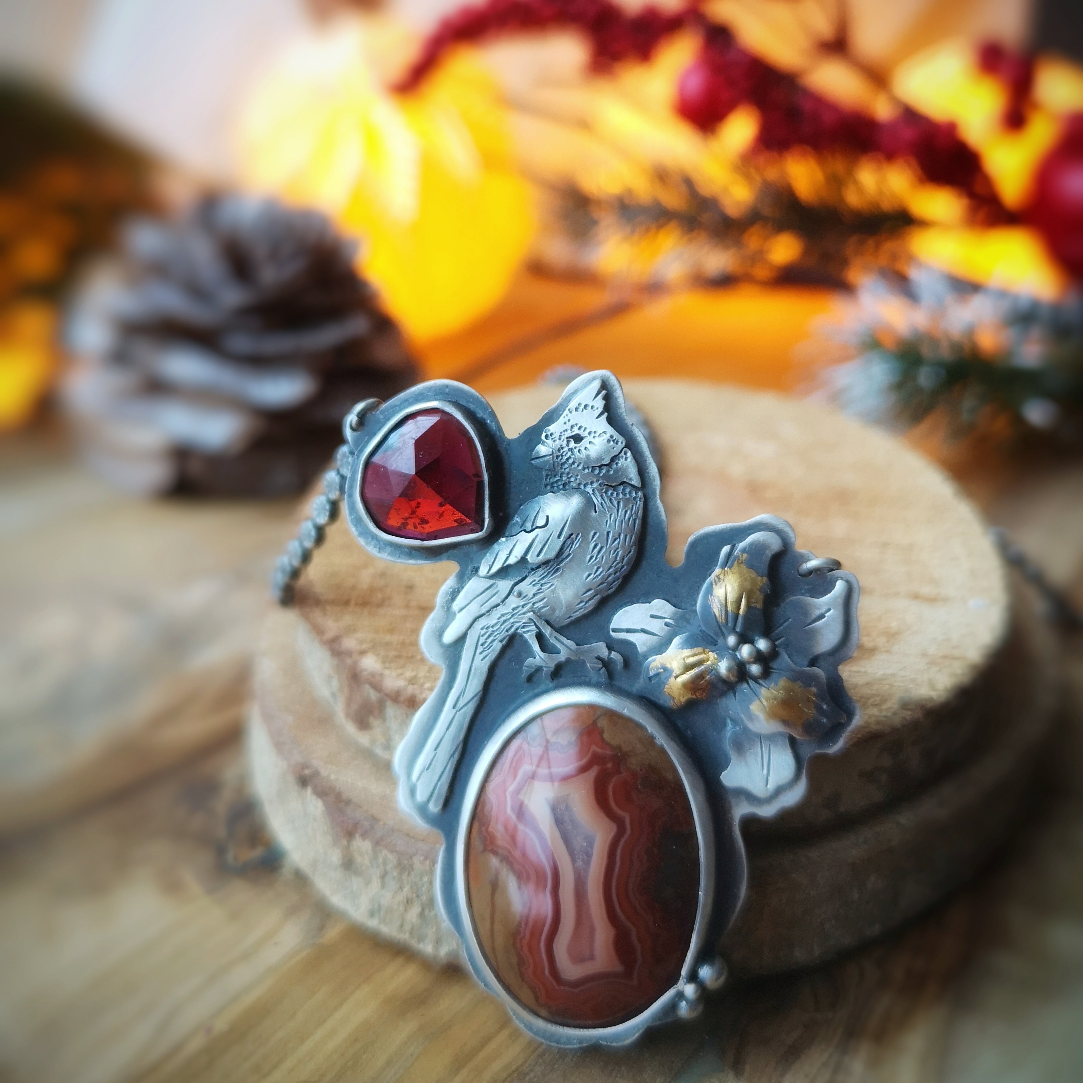Spiritual Messenger Necklace--Red Cardinal, Agate & Garnet Necklace
